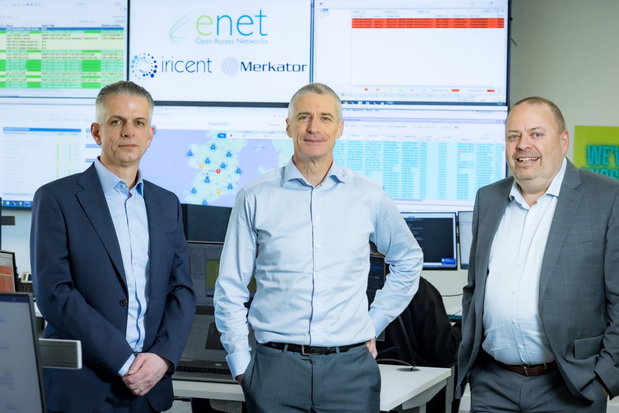 From left to right: Damian Murray, Co-Founder & Sales Director at Iricent; John Gilvarry, CTO at Enet; and Geert De Coensel, CEO at Merkator.